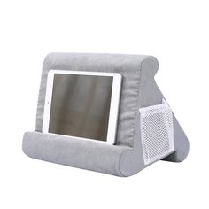 an ipad holder with a tablet on it's side and a small screen attached to the back