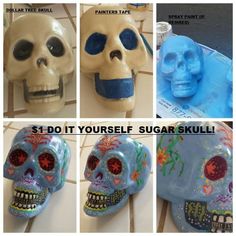 there are four pictures of skulls with different facial expressions on them and the words, $ 1 do it yourself sugar skull