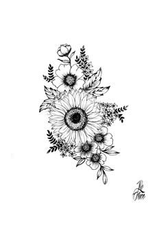 a black and white drawing of flowers