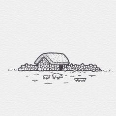 an ink drawing of sheep grazing in front of a small house with a thatched roof