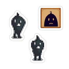 pixel art stickers with an image of a black creature and a square shaped object