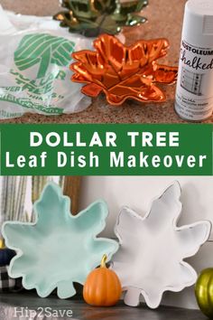 dollar tree leaf dish makeover with spray paint and fall leaves on the counter top