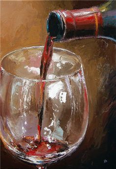 a painting of a wine glass being filled with red liquid