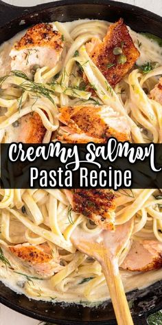 creamy salmon pasta recipe in a cast iron skillet