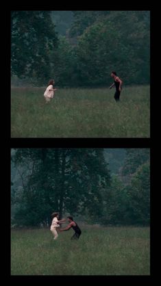 two people are playing frisbee in a field with trees and grass behind them