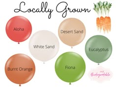 balloons that say locally grown, desert sand, burnt orange, carrots and aloha