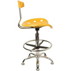 a yellow and chrome stool with an adjustable foot rest on the back of it, against a white background