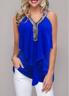 Color:Royal Blue;Size:S;Size:M;Size:L;Size:XL;Size:XXL;Washing Instructions:Hand Wash;Package Contents:1 X T Shirt;Decoration:Ruffle;Season:Spring;Color Scheme:Blue;Sleeve's Length:Sleeveless;Pattern Type:Solid;Neckline:V Neck;Clothing's Length:Long;Occasion:Staycation;Style:Elegant;Composition:95%Polyester , 5%Spandex; Royal Blue T Shirt, Ruffle Pattern, Stylish Pants, Blue Jumpsuits, Stylish Blouse, Sleeveless T Shirt, Trendy Fashion Outfits, Blue T Shirt, Blue Outfit