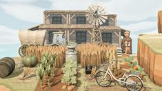 a painting of a farm scene with a barn, silo and bicycle