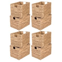 four wicker storage baskets with handles on each one side and the other half open