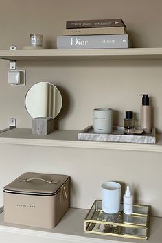 the shelves are filled with beauty products and personal care items on top of each other