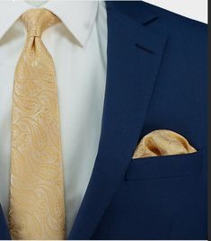 Suit With Gold Tie, Wedding Suits Men Blue, Men Suits Blue, Navy Blue And Gold Wedding, Groomsmen Outfit, Blue Tux, Bow Tie Suit, Blue And Gold Wedding, Suits Groom