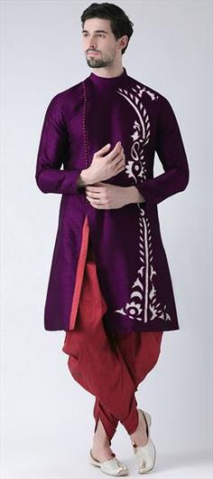 Purple and Violet color Dhoti Kurta in Dupion Silk fabric with Embroidered, Thread work Purple Kurta With Traditional Drape For Festivals, Embroidered Purple Kurta With Traditional Drape, Traditional Drape Purple Kurta For Festivals, Embroidered Purple Traditional Wear For Ceremonial Use, Purple Kurta With Traditional Drape For Transitional Season, Purple Embroidered Churidar With Traditional Drape, Traditional Drape Purple Kurta For Transitional Season, Transitional Purple Kurta With Traditional Drape, Purple Cotton Kurta For Wedding