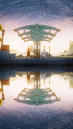 a man is standing in front of a large structure with water and stars around it