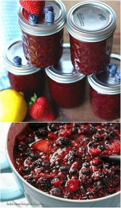 blueberries and raspberry jam are in mason jars