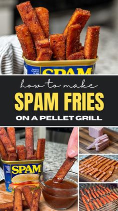 Five-image collage with step-by-step photos on how to make spam fries on a pellet grill. Smoked Spam, Spam Fries, Traeger Smoker Recipes, Paleo Barbecue Sauce, Spam Recipes, Gourmet Bbq, Meat Delivery