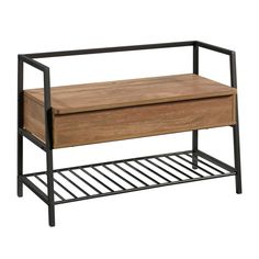 a wooden and metal shelf with two drawers