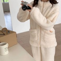 Korean Warm Pajamas - Pastel Kitten Casual Home Sets For Fall, White Sleep Sets For Fall, Winter Long Sleeve Sets With Pockets, Winter Sets With Pockets And Long Sleeves, White Winter Sets With Pockets, Winter Sleepwear With Pockets, Cozy Long Sleeve Sleepwear With Pockets, Beige Long Sleeve Sets For Home, Casual Winter Sleepwear With Pockets