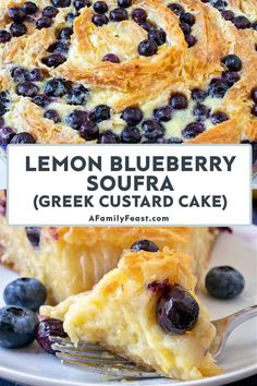 lemon blueberry soufra cake on a plate with a fork