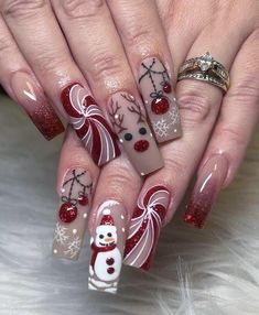 Christmas Art Nails, Cartoon Christmas Nails, Red Christmas Nails, Cute Christmas Nails, Christmas Nail Art Designs, Nail Swag, Nail Art Kit, Uñas Acrilicas