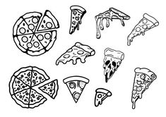 different kinds of pizzas drawn in black and white ink on a white background royalty illustration