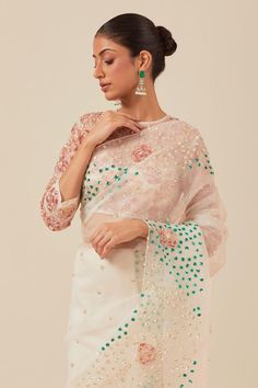 Multicolor saree featuring floral embroidery with sequin, cutdana, and bead work. Paired with a back cut-out blouse and petticoat., Fit: Relaxed Multicolor Saree, Organza Embroidery, Padded Blouse, Embroidered Saree, Hand Work Blouse, Beaded Neckline, Pattern Embroidery, Satin Color, Blouse For Women