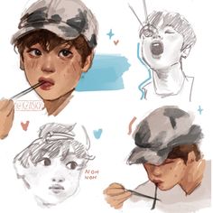 some drawings of people with hats on and one is brushing his teeth while the other has an open mouth