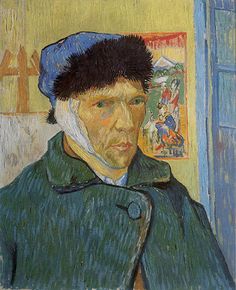 a painting of a man with glasses and a blue hat in front of a green wall