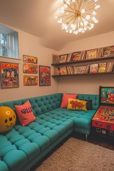 a living room with a couch, game table and shelves full of games on the wall