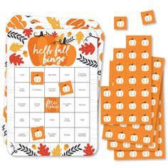 an orange and white fall themed printable calendar with pumpkins on it, surrounded by matching stickers