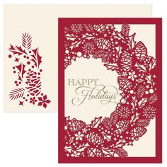 two greeting cards with the words happy holidays and an image of a wreath made out of paper