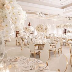 an elegant wedding reception with white flowers and gold chairs