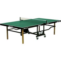 two ping pong tables with wheels on each side, one is green and the other is black