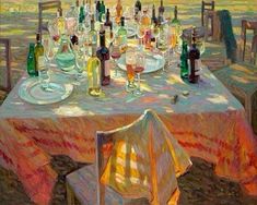 an oil painting of a table set with wine bottles and glasses on top of it