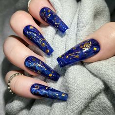 Celestial Nails Etsy Delicate Nails, Press On Nails Blue, August Nails, Witchy Nails, Moon Nails, Beautiful Ornaments, 3d Decor, Nails Blue, Gold Marble