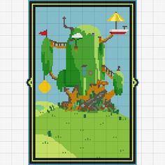 a cross stitch pattern with an image of a cactus on the ground and trees in the background