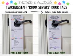 two pictures of the door hanger for teachers'room service tags, with instructions on them