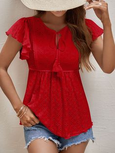 Vermelho Boho Collar Manga boné Tecido de malha Simples Peplum Embellished Elasticidade Baixa Fringe Blouse, Shirt Blouses Women's, Elegant Blouses, Flutter Sleeve Top, Pullover Designs, Black White Pink, Solid Tops, Casual Blouse, Embroidered Blouse