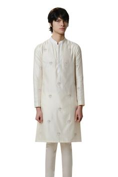 Off-white kurta featuring silk, thread, zardozi and pearl embroidery in lotus motif. Paired with a pant. - Aza Fashions White Chanderi Sherwani With Floral Embroidery, Lotus Motif, Men Kurta, Pearl Embroidery, White Kurta, Kurta With Pants, Zen Garden, Full Sleeves, White Silk