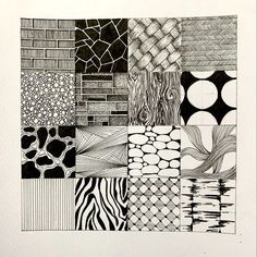 a black and white drawing of different patterns