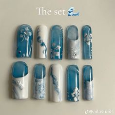 Press On Nail Designs Coffin, White Nails With Beach Designs, Nail Art Designs Blue And White, Wave To Earth Nails, Jellyfish Nail Art, Jellyfish Nails, Shark Nails, Grunge Nails