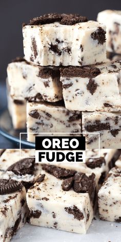 oreo fudge ice cream bars stacked on top of each other with cookies and oreos in the middle