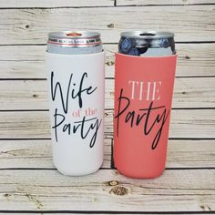 two personalized stainless steel tumblers with the words wife of the party on them