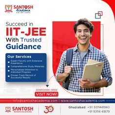 a man holding a folder and smiling for the camera in front of him is an advertisement for it - jee with trust guidance