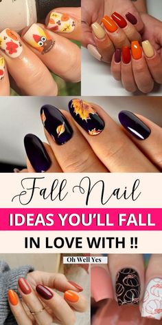 Beautiful nail art ideas for autumn Fall Design Acrylic Nails, Nail Art Designs Fall Autumn, Easy Fall Nails Designs, Thanksgiving Nail Art Ideas, Fun Fall Nail Designs Autumn, Fall Gel Nail Designs 2024, Leaf Fall Nails, Gradient Fall Nails, Nail Art Fall Autumn