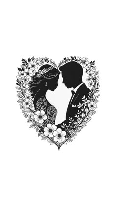 a black and white drawing of a bride and groom in a heart shaped frame with flowers