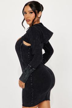 Available In Khaki And Black Wash. Hooded Mini Dress Set Scoop Neck Sleeveless Long Sleeve Bolero Included Zip Front Detail Stretch Length = 33" Disclaimer: Due To The Specialized Wash Process, Each Garment Is Unique. 94% Cotton 6% Spandex Imported | In A Mood Hooded Mini Dress Set in Black Wash size Large by Fashion Nova