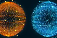 two balls with connected lines and dots in the middle one is blue and yellow, while the other is orange