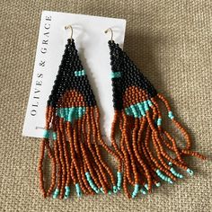 Locally Made In Boston By Small Business Owner. Never Been Worn! Bohemian Brown Beaded Earrings For Party, Brown Beaded Drop Earrings For Party, Brown Dangle Beaded Earrings For Summer, Heart Shaped Lollipops, Gold Orchid, Blue Drop Earrings, Rabbit Earrings, Turquoise Western, Boho Cowgirl