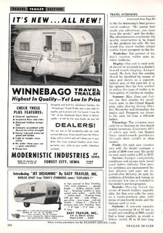 an advertisement for the winnebago travel trailer, which is advertised in this magazine